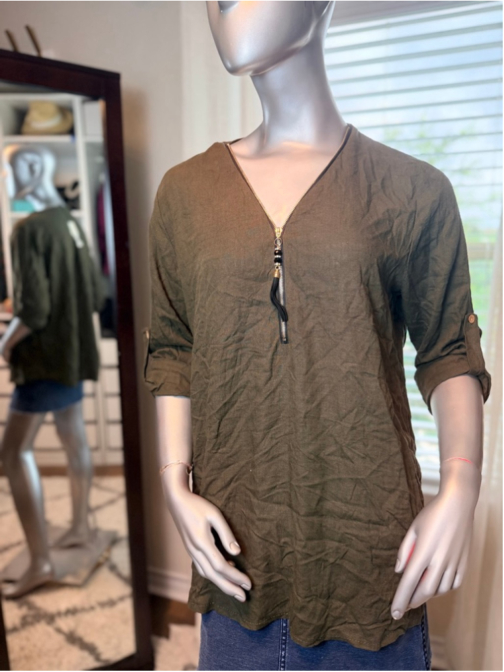Piazza Italia Linen Blend Top NWT Green Khaki Large Lightweight Summer Blouse